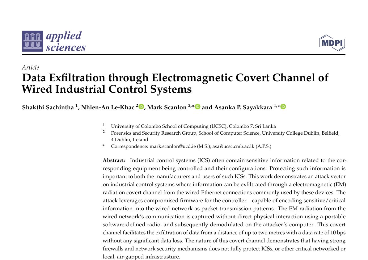 Preview of Data Exfiltration through Electromagnetic Covert Channel of Wired Industrial Control Systems