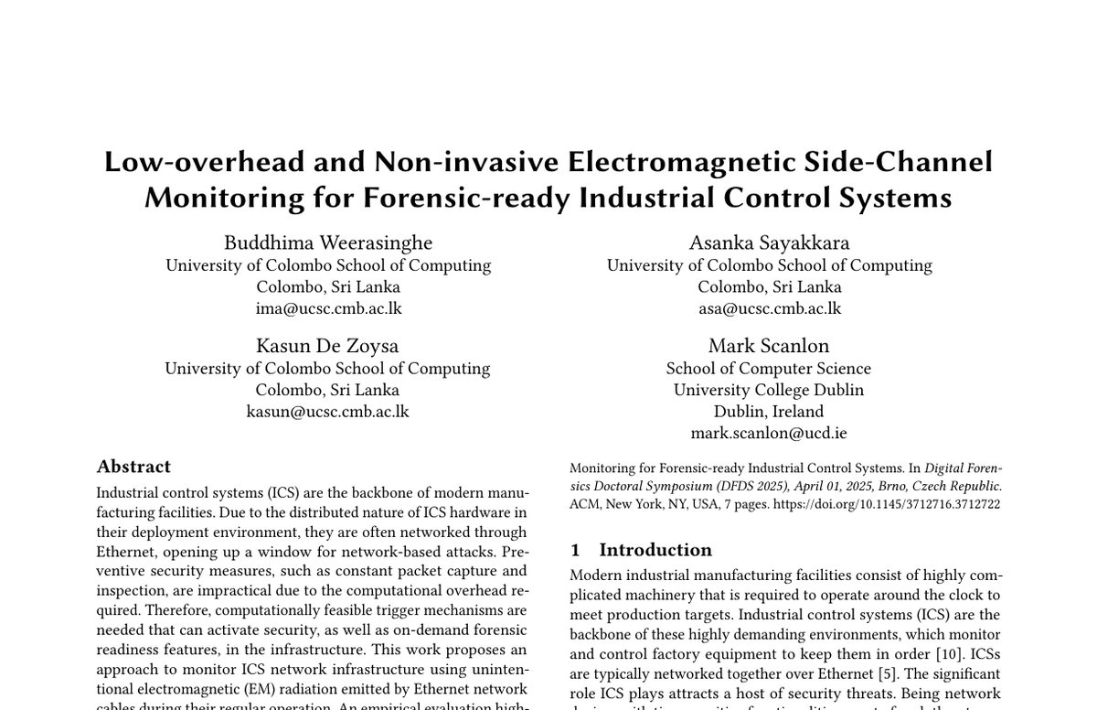 Preview of Low-overhead and Non-invasive Electromagnetic Side-Channel Monitoring for Forensic-ready Industrial Control Systems