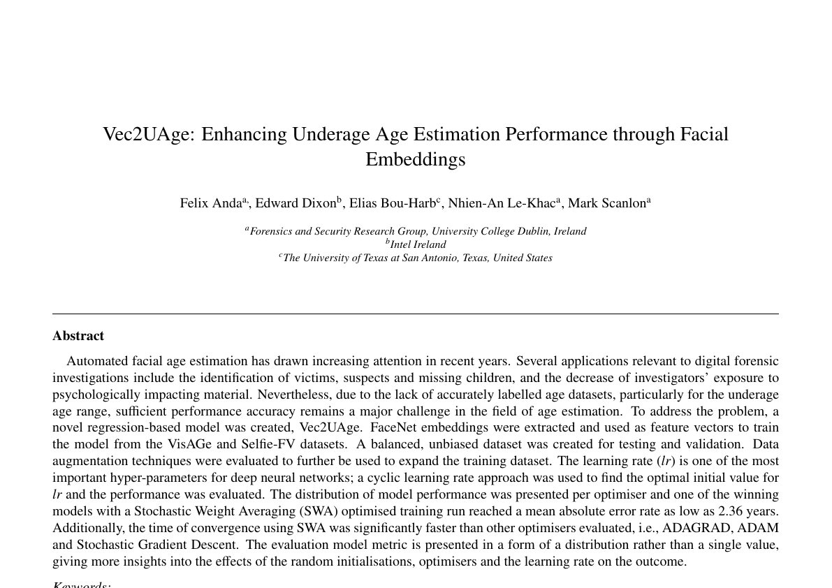 Preview of Vec2UAge: Enhancing Underage Age Estimation Performance through Facial Embeddings