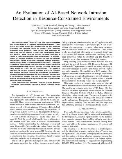 First-page preview of An Evaluation of AI-Based Network Intrusion Detection in Resource-Constrained Environments