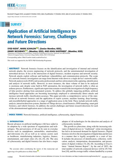 First-page preview of Application of Artificial Intelligence to Network Forensics: Survey, Challenges and Future Directions