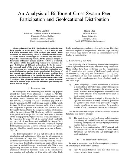First-page preview of An analysis of BitTorrent cross-swarm peer participation and geolocational distribution