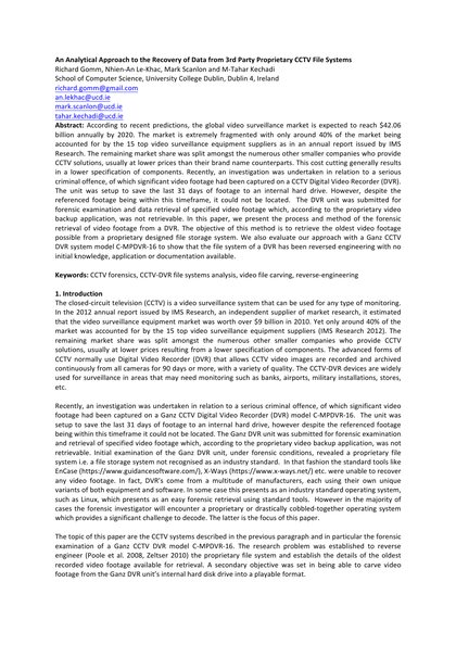 First-page preview of An Analytical Approach to the Recovery of Data From 3rd Party Proprietary CCTV File Systems