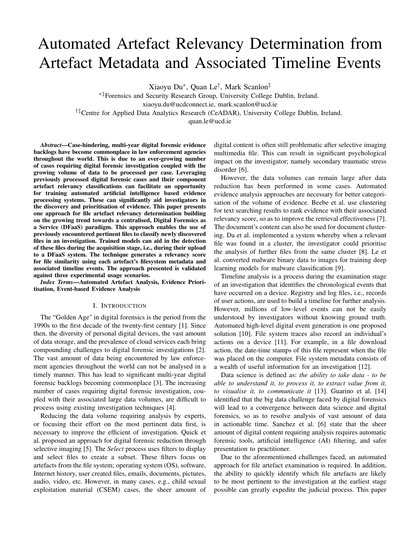 First-page preview of Automated Artefact Relevancy Determination from Artefact Metadata and Associated Timeline Events