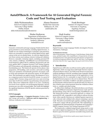 First-page preview of AutoDFBench: A Framework for AI Generated Digital Forensic Code and Tool Testing and Evaluation