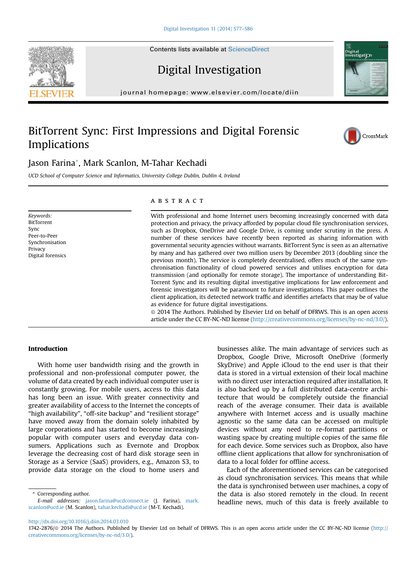 First-page preview of BitTorrent Sync: First Impressions and Digital Forensic Implications