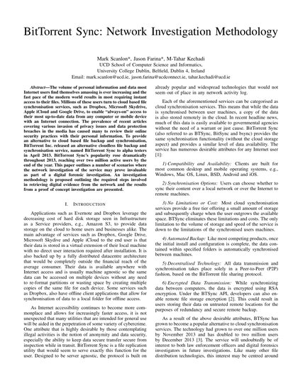 First-page preview of BitTorrent Sync: Network Investigation Methodology
