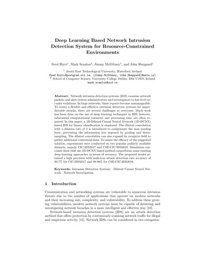 First-page preview of Deep Learning Based Network Intrusion Detection System for Resource-Constrained Environments