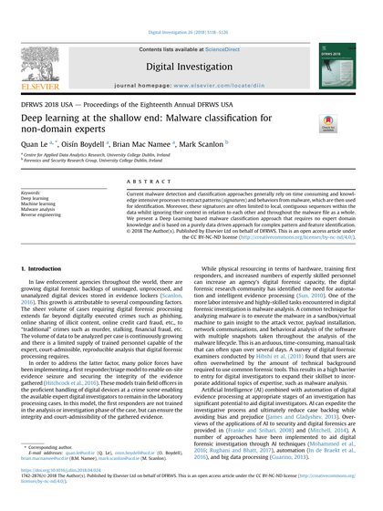First-page preview of Deep Learning at the Shallow End: Malware Classification for Non-Domain Experts