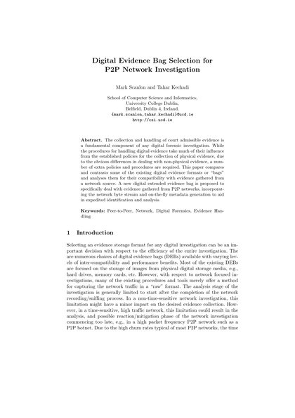 First-page preview of Digital Evidence Bag Selection for P2P Network Investigation