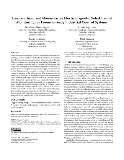 First-page preview of Low-overhead and Non-invasive Electromagnetic Side-Channel Monitoring for Forensic-ready Industrial Control Systems