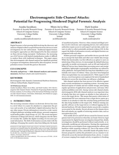 First-page preview of Electromagnetic Side-Channel Attacks: Potential for Progressing Hindered Digital Forensic Analysis