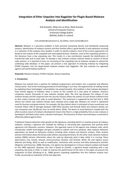 First-page preview of Integration of Ether Unpacker into Ragpicker for plugin-based Malware Analysis and Identification