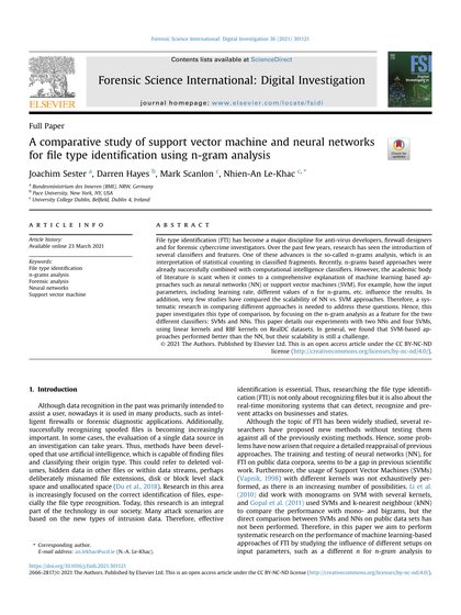 First-page preview of A Comparative Study of Support Vector Machine and Neural Networks for File Type Identification Using n-gram Analysis