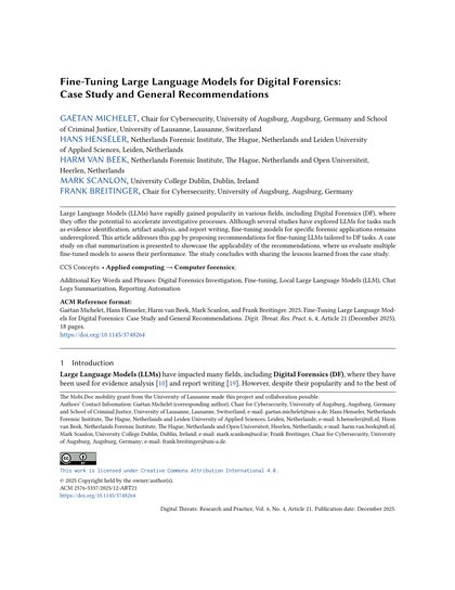 First-page preview of Fine-Tuning Large Language Models for Digital Forensics: Case Study and General Recommendations