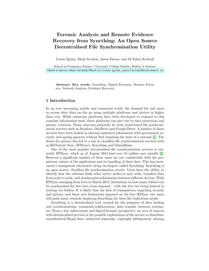 First-page preview of Forensic Analysis and Remote Evidence Recovery from Syncthing: An Open Source Decentralised File Synchronisation Utility