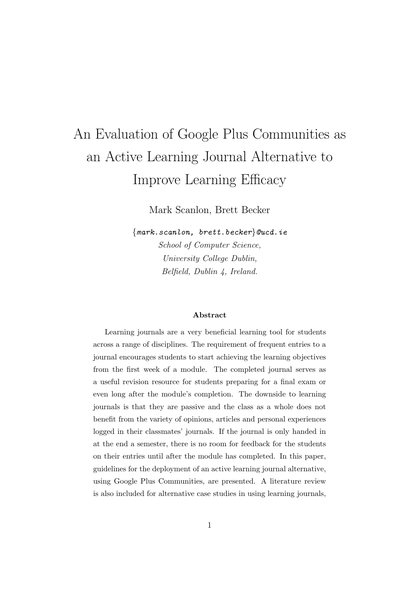 First-page preview of An Evaluation of Google Plus Communities as an Active Learning Journal Alternative to Improve Learning Efficacy