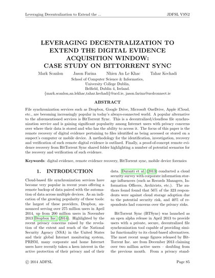 First-page preview of Leveraging Decentralisation to Extend the Digital Evidence Acquisition Window: Case Study on BitTorrent Sync