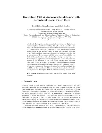 First-page preview of Expediting MRSH-v2 Approximate Matching with Hierarchical Bloom Filter Trees