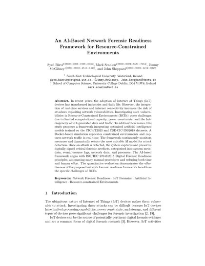 First-page preview of An AI-Based Network Forensic Readiness Framework for Resource-Constrained Environments