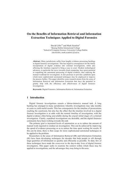 First-page preview of On the Benefits of Information Retrieval and Information Extraction Techniques Applied to Digital Forensics