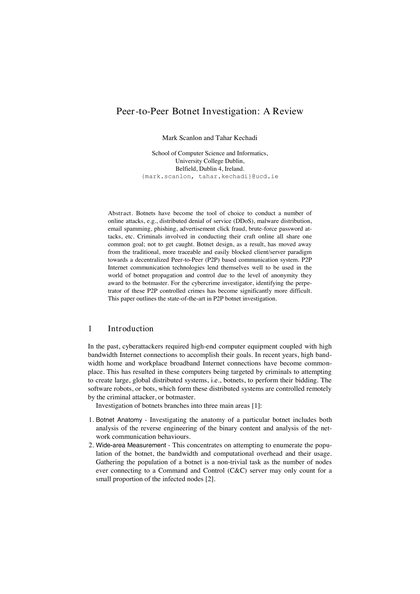 First-page preview of Peer-to-Peer Botnet Investigation: A Review