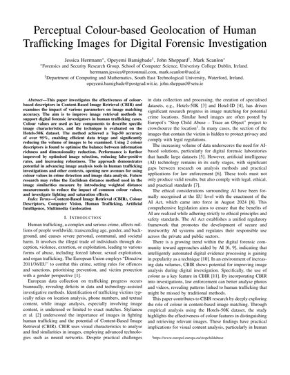 First-page preview of Perceptual Colour-based Geolocation of Human Trafficking Images for Digital Forensic Investigation