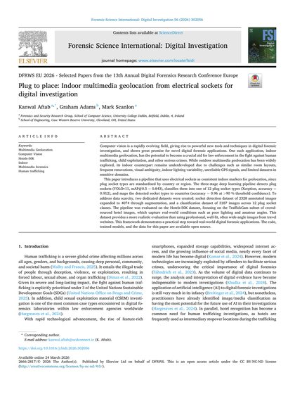 First-page preview of Plug to place: Indoor multimedia geolocation from electrical sockets for digital investigation