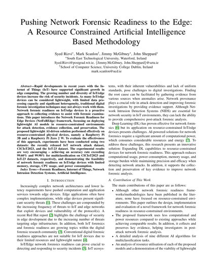 First-page preview of Pushing Network Forensic Readiness to the Edge: A Resource Constrained Artificial Intelligence Based Methodology