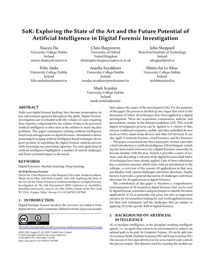 First-page preview of SoK: Exploring the State of the Art and the Future Potential of Artificial Intelligence in Digital Forensic Investigation