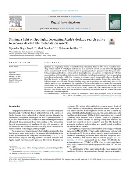 First-page preview of Shining a light on Spotlight: Leveraging Apple's desktop search utility to recover deleted file metadata on macOS