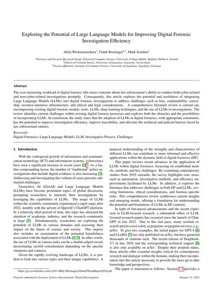 First-page preview of Exploring the Potential of Large Language Models for Improving Digital Forensic Investigation Efficiency