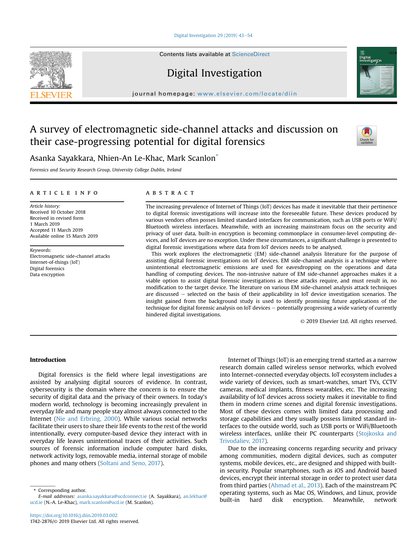 First-page preview of A Survey of Electromagnetic Side-Channel Attacks and Discussion on their Case-Progressing Potential for Digital Forensics