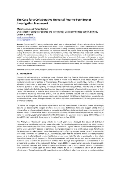 First-page preview of The Case for a Collaborative Universal Peer-to-Peer Botnet Investigation Framework