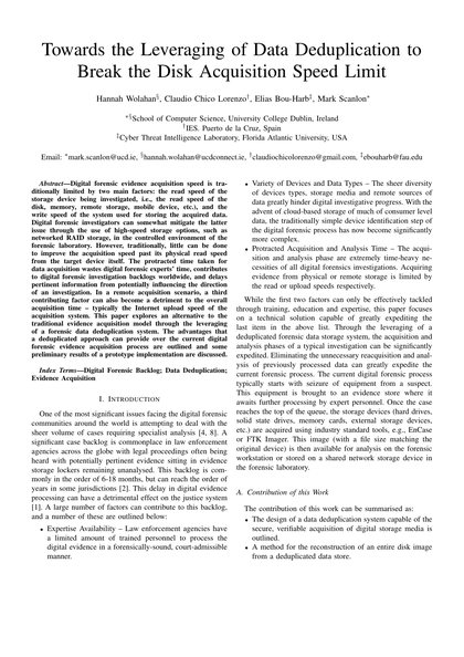 First-page preview of Towards the Leveraging of Data Deduplication to Break the Disk Acquisition Speed Limit