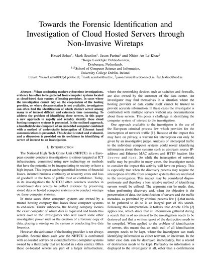 First-page preview of Towards the Forensic Identification and Investigation of Cloud Hosted Servers through Noninvasive Wiretaps